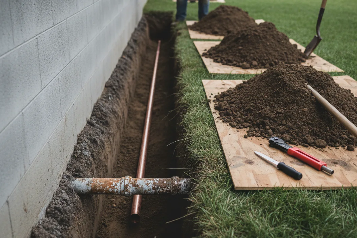 Excavated water line trench during Water Softener Installation in Hughesville